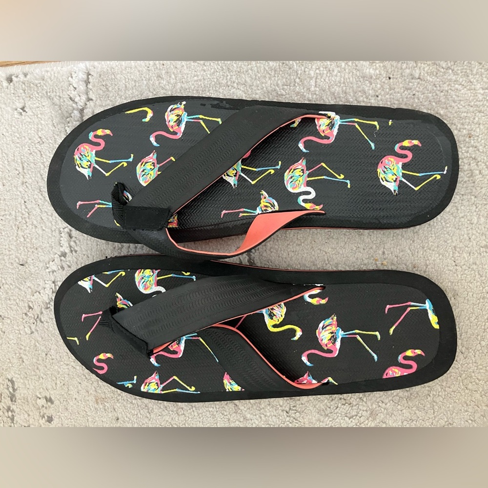 Flamingo Print Flip Flops New